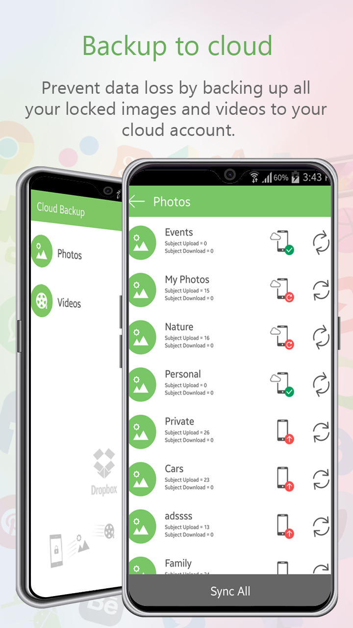 Official App Lock & Gallery Vault interface screenshot: cloud-backup screen in the product